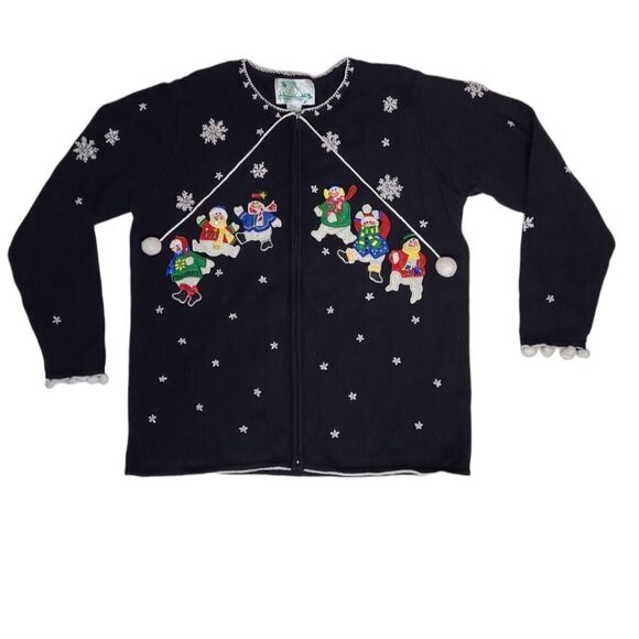 VINTAGE 90s Quaker Factory‎ snowman snowflake zip up cardigan sweater L - Picture 1 of 10